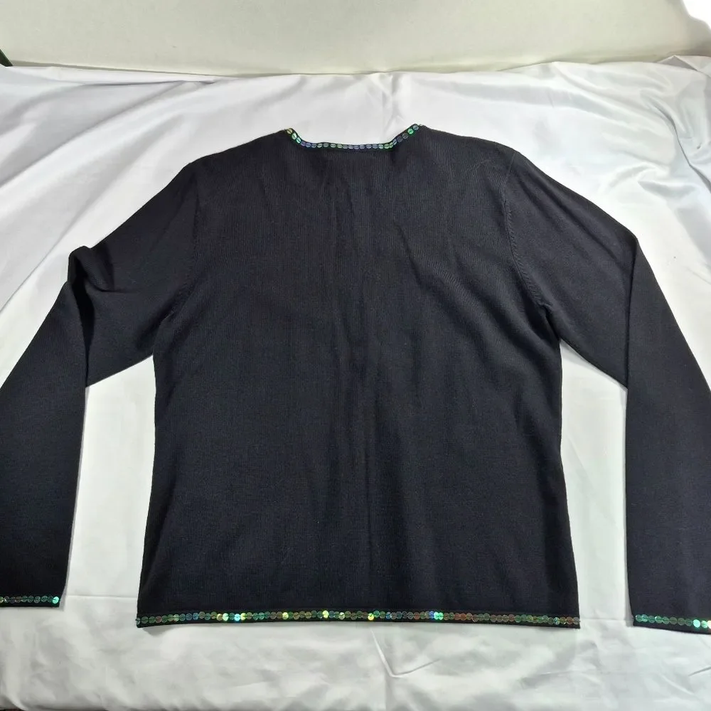 Dress Barn Black Sequin Cardigan Sweater Large Metallic Iridescent Button Up - Picture 6 of 12
